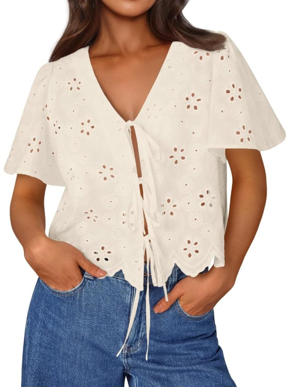 Women's Summer Tops Cute Boho Apricot Tie Front Eyelet Embroidered Beach Blouses